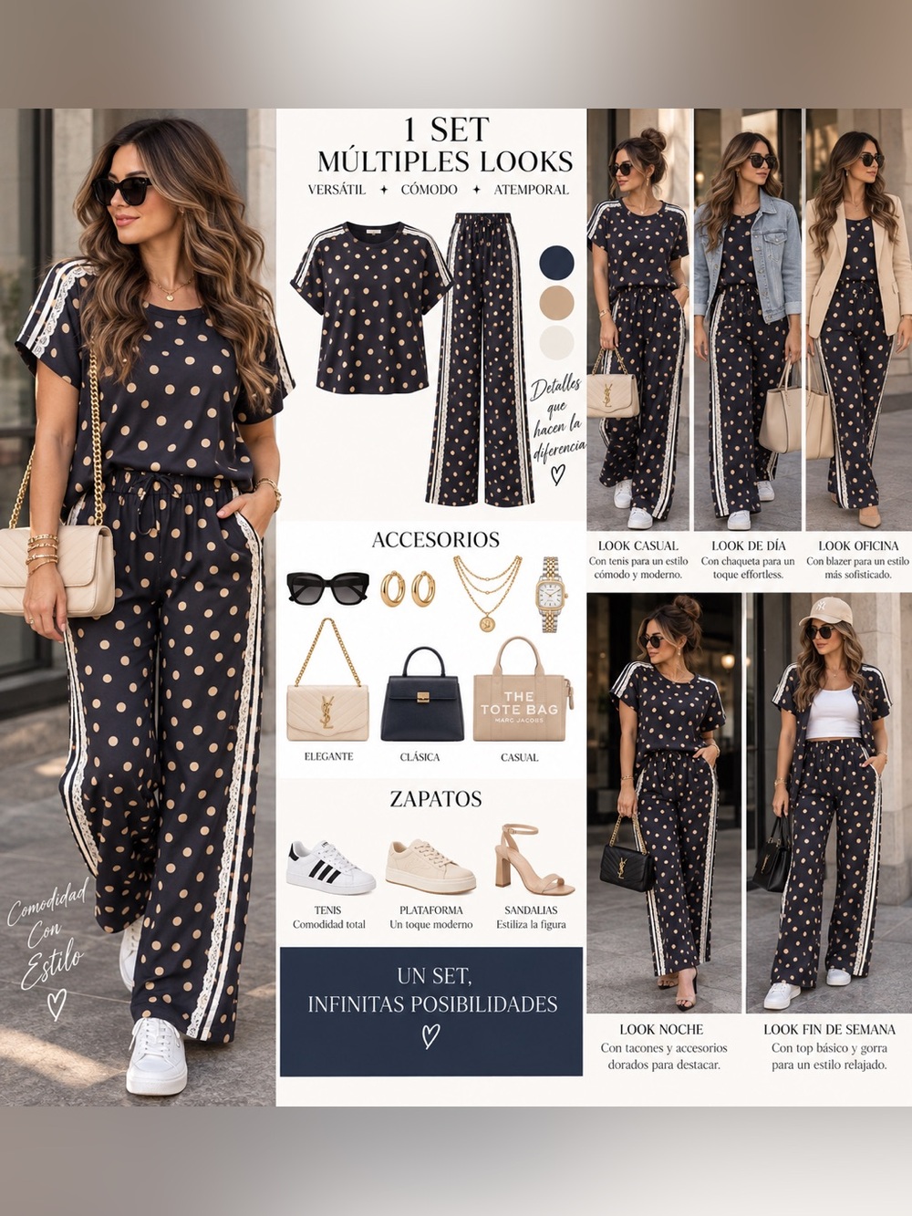 Polka Dot Wide-Leg Set - Black with Gold Dots